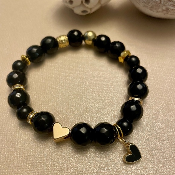 Black Agate Bracelet with Heart Charm, Stretch, Gemstone, small heart charm, - Picture 1 of 5